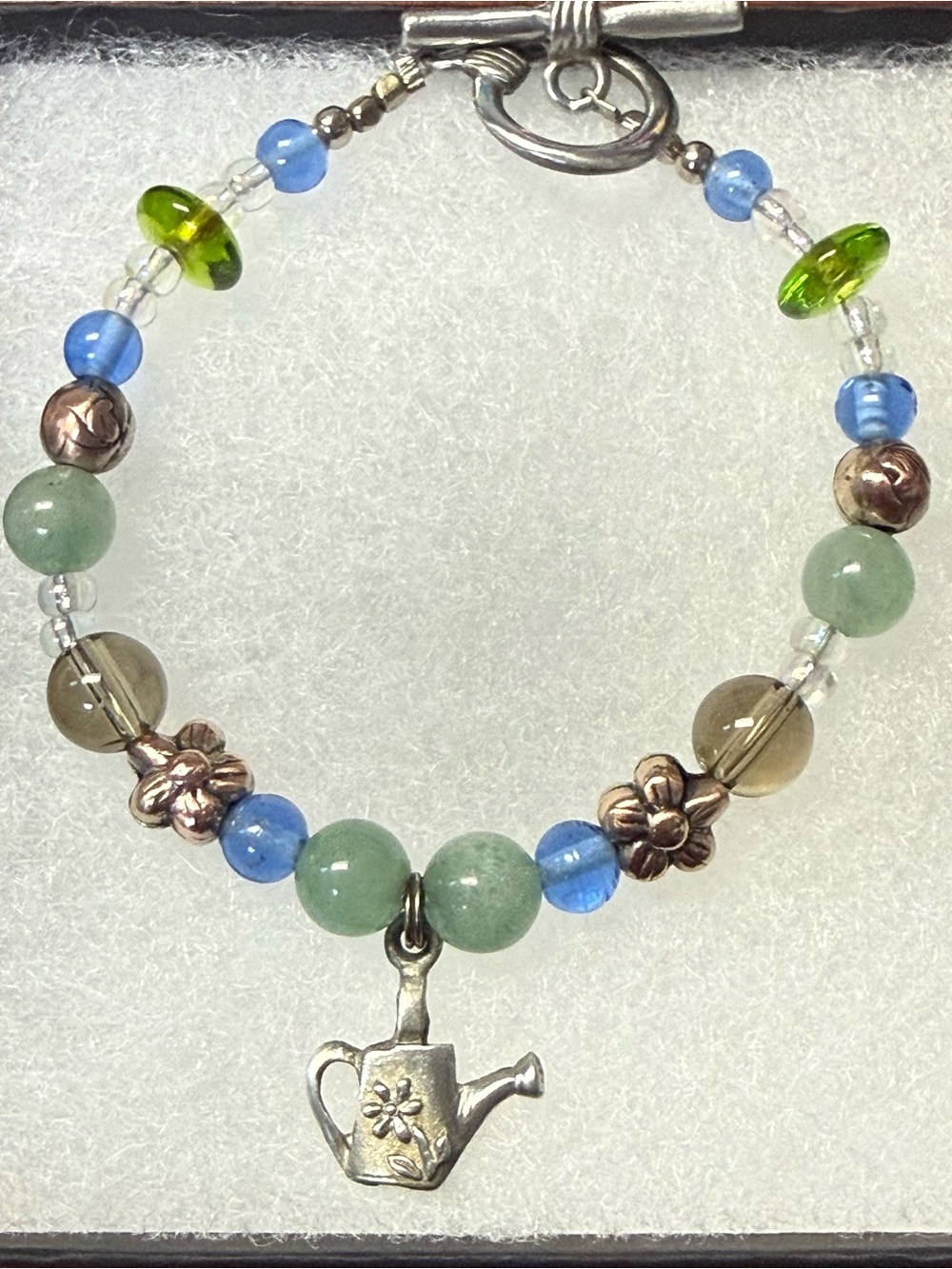 Handmade Green & Blue Beaded Bracelet with Watering Can Charm